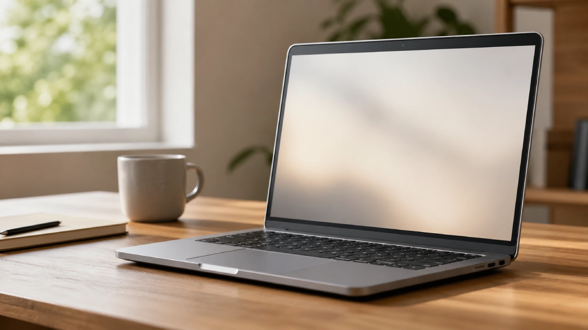 Laptop deschis pe birou cu lumină naturală — ghid cât durează un laptop
