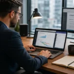 Profesionist la birou cu laptop și monitor extern pentru business