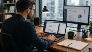 Profesionist la birou cu laptop și monitor extern pentru business