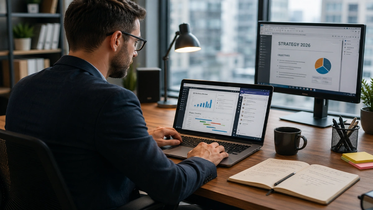 Profesionist la birou cu laptop și monitor extern pentru business