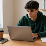 Student care lucrează pe laptop slim la birou cu lumină naturală