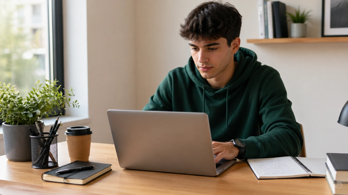 Student care lucrează pe laptop slim la birou cu lumină naturală