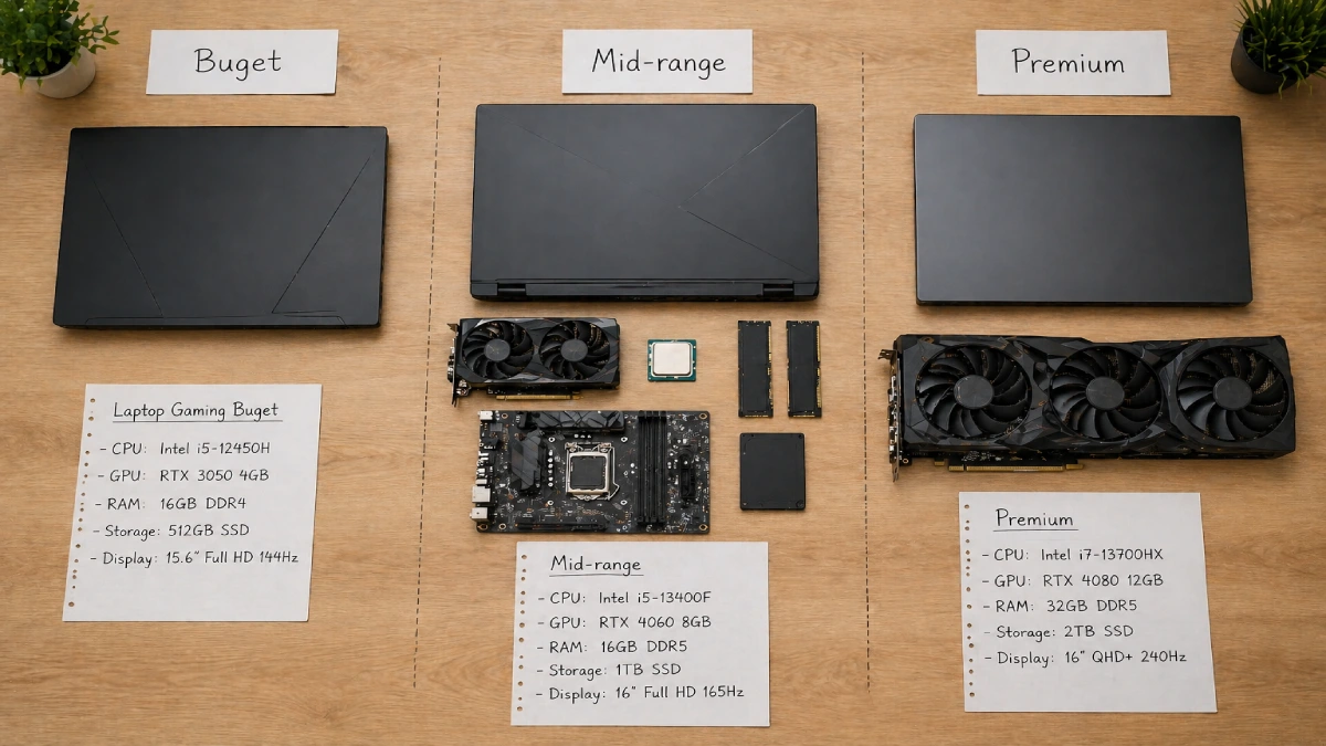 Comparație laptop gaming pe trei segmente de buget — buget mic cu RTX 3050, mid-range cu RTX 4060 și premium cu RTX 4080