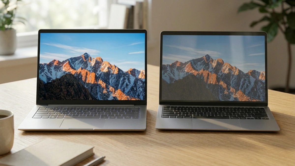 Comparație între două ecrane de laptop cu niveluri diferite de luminozitate și contrast, ilustrând diferența dintre un display de calitate și unul slab