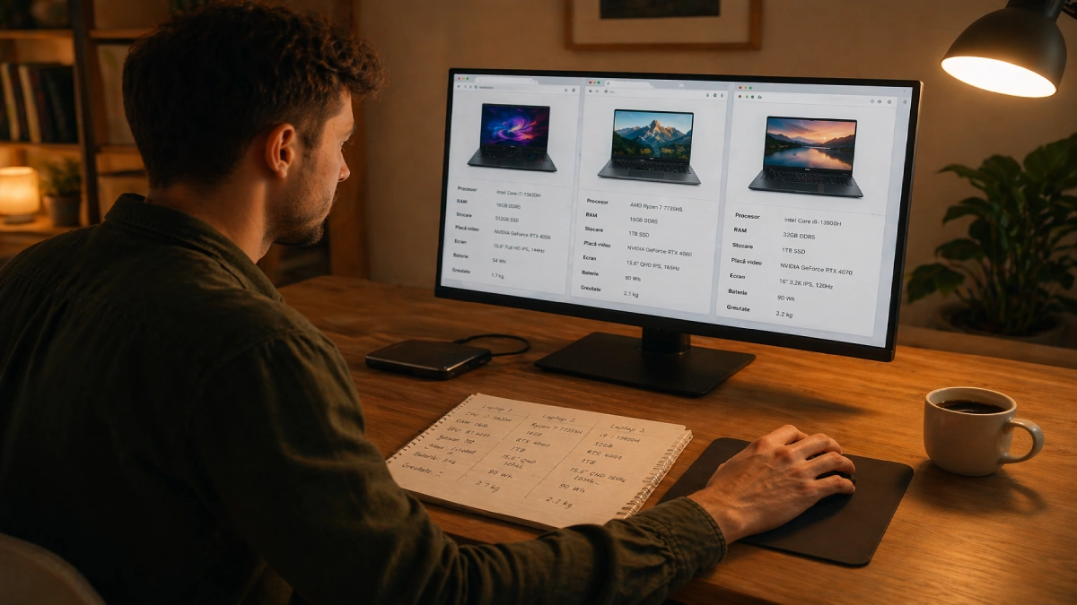 Videoograf care compară specificații a trei laptopuri pentru editare video pe monitor cu notițe în caiet
