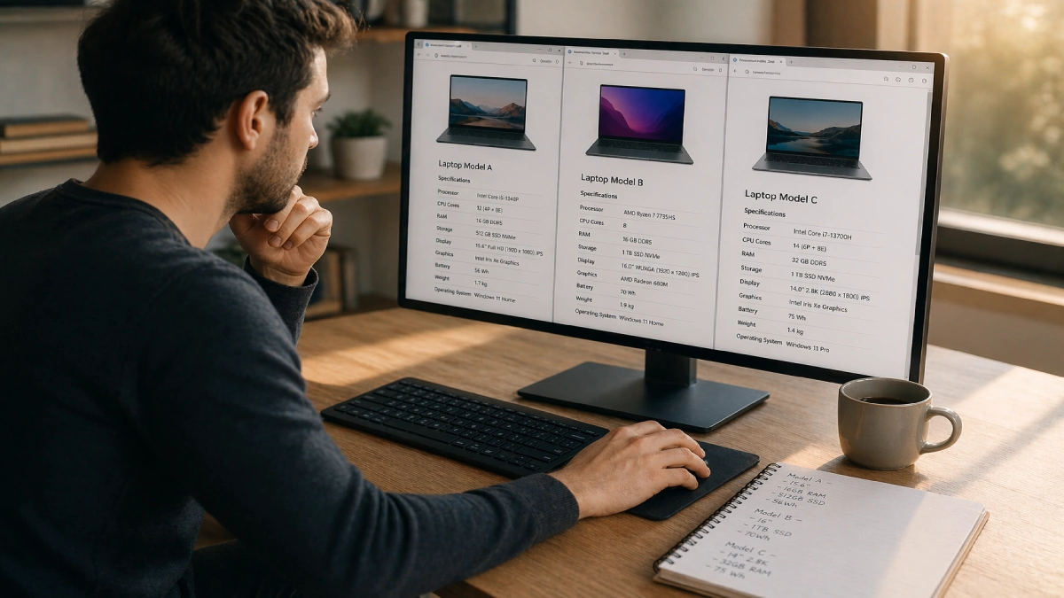 Programator care compară specificații a trei laptopuri pe monitor înainte de cumpărare