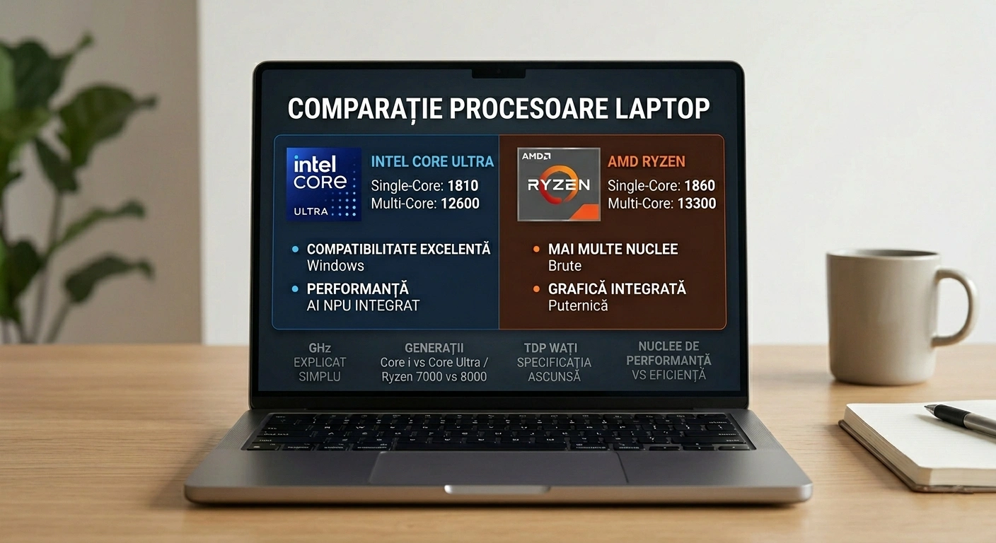 comparație procesoare laptop — Intel Core Ultra vs AMD Ryzen