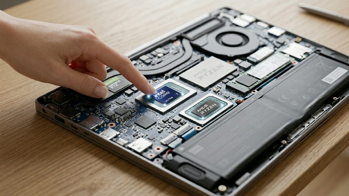 Vedere de aproape a componentelor interne dintr-un laptop modern, cu accent pe procesorul Intel Core Ultra și AMD Ryzen