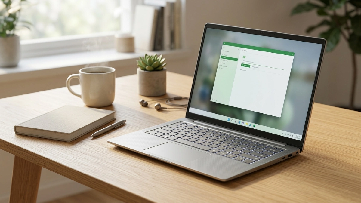 Laptop modern deschis pe un birou cu o cană de cafea lângă, ilustrând ghidul de achiziție laptop