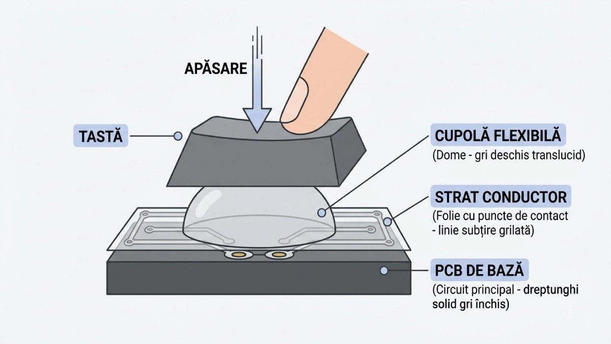 diagramă tastatură membrană cu straturi cupolă flexibilă strat conductor și PCB explicate vizual