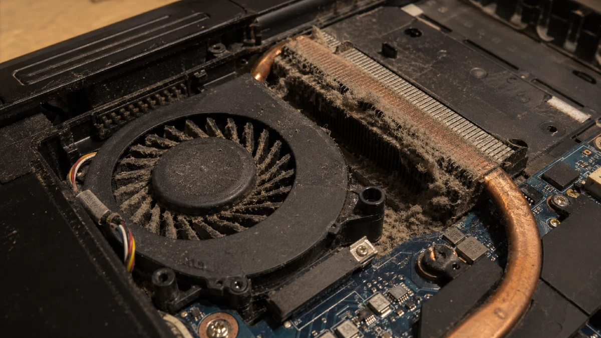Interior laptop cu ventilator și heatsink acoperite de praf — cauza principală de supraîncălzire