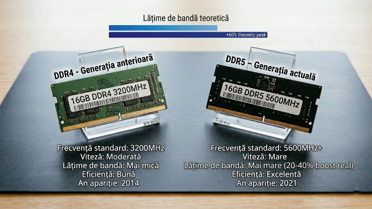 DDR4 vs DDR5 RAM laptop — diferențe de frecvență și lățime de bandă