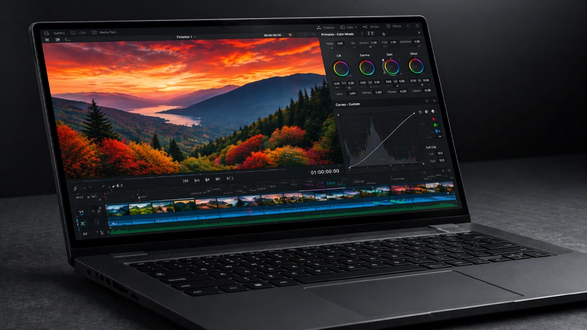Ecran laptop cu DaVinci Resolve deschis — color grading cu roți de culoare și curbe pentru editare video