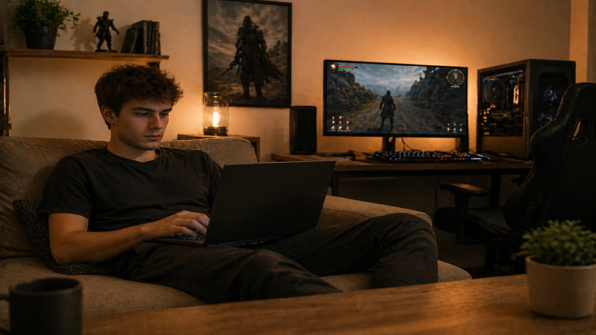 Gamer care joacă pe laptop pe canapea cu setup desktop gaming și monitor activ vizibil în fundal