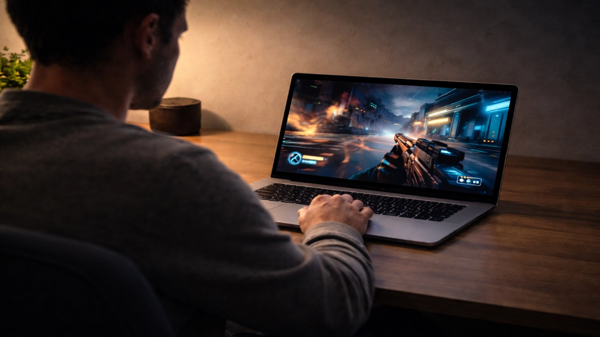 Gamer care joacă pe laptop cu ecran vibrant și rată de reîmprospătare ridicată