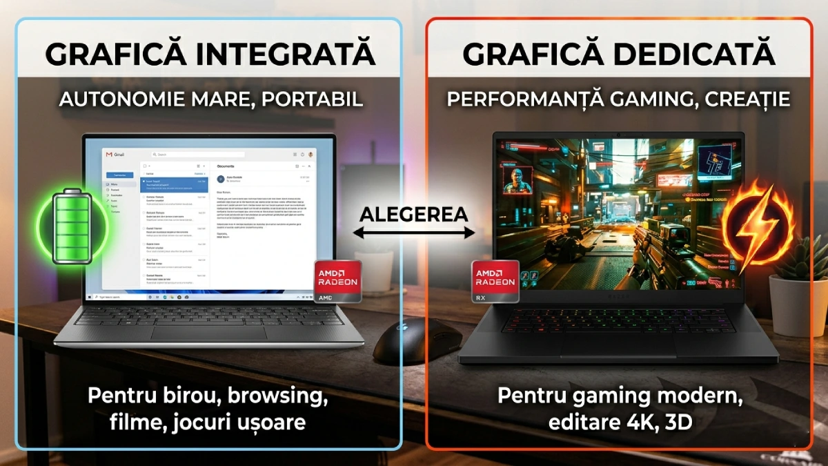 grafică integrată vs grafică dedicată laptop — autonomie mare vs performanță gaming
