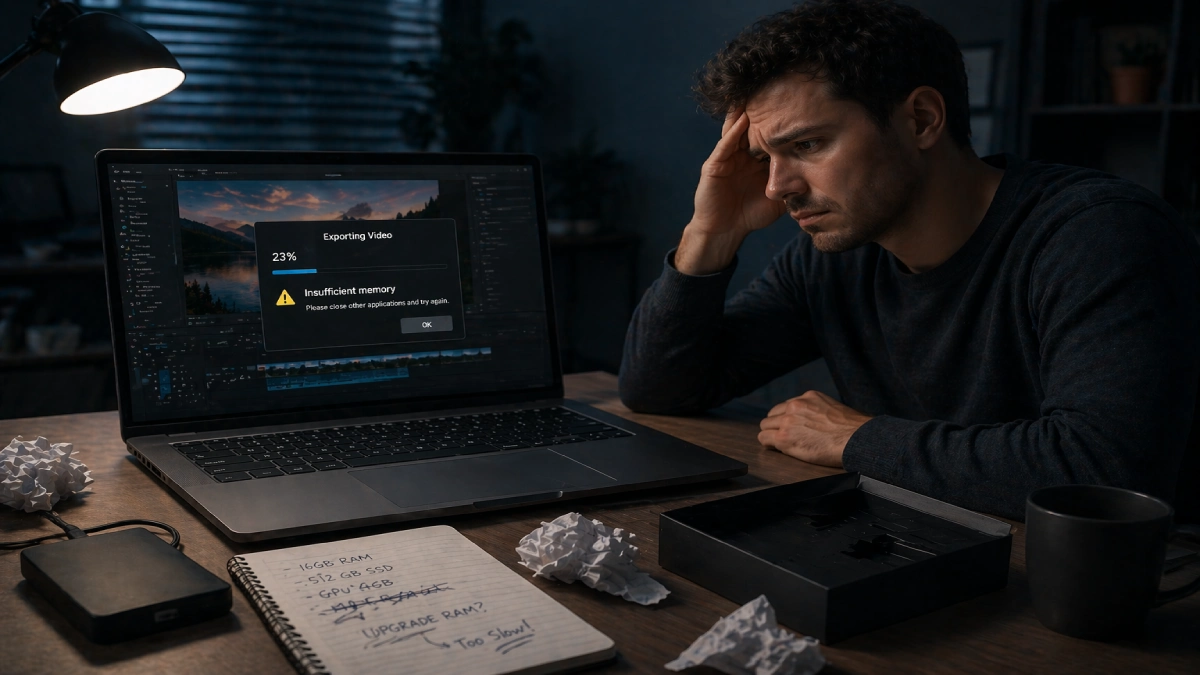 Creator video frustrat cu export blocat la 23% și eroare de memorie insuficientă pe ecran
