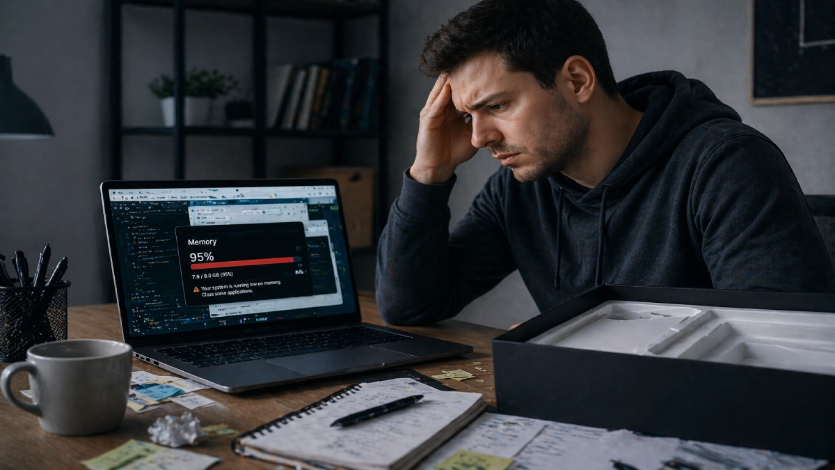 Programator frustrat cu laptop lent și memorie RAM la 95% — greșeli la cumpărare