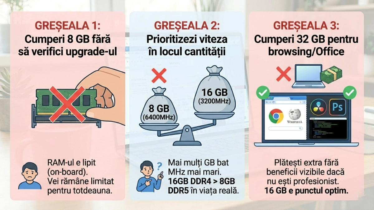 greșeli frecvente la alegerea RAM-ului pentru laptop — 8 GB fără upgrade, viteză vs cantitate, 32 GB inutil