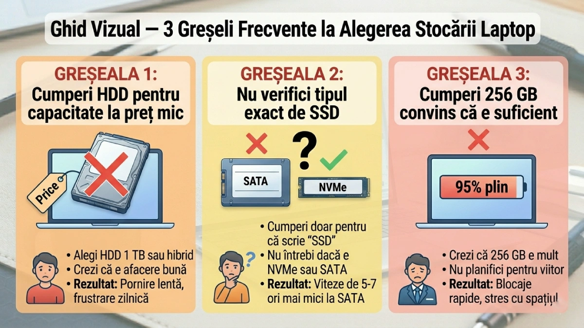 capacitate stocare laptop — 256 GB prea puțin, 512 GB minim recomandat, 1 TB confort real, 2 TB pentru profesioniști