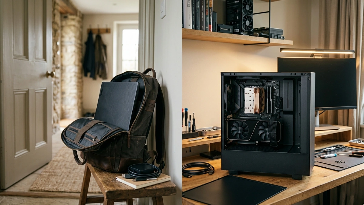 Laptop gaming în ghiozdan lângă ușă vs desktop gaming deschis cu placă video pentru upgrade pe birou