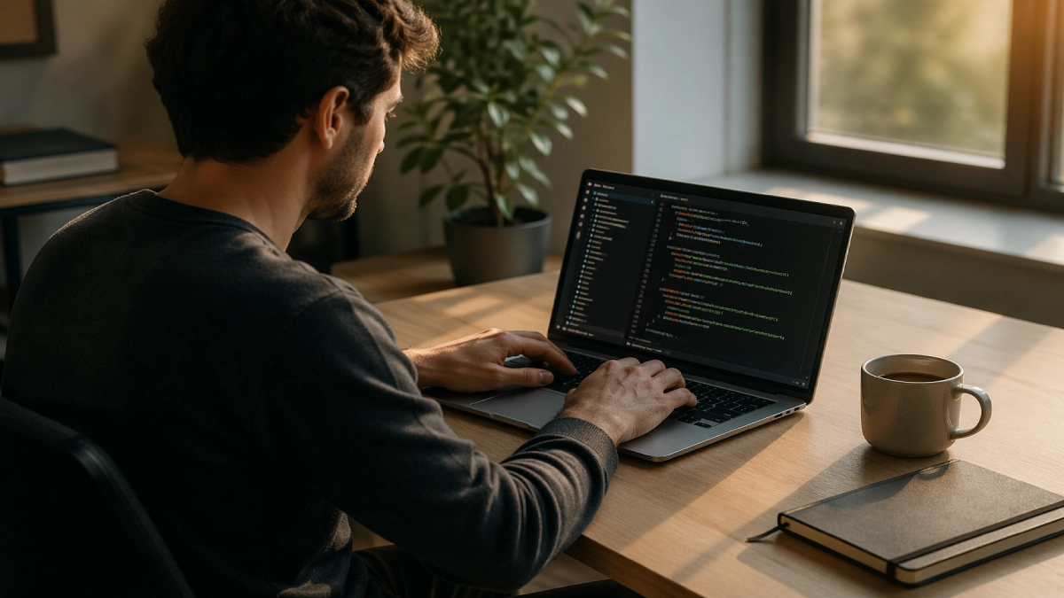 Programator care lucrează pe laptop la birou cu cod pe ecran