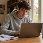 Student care lucrează pe laptop la birou cu cărți de matematică și informatică