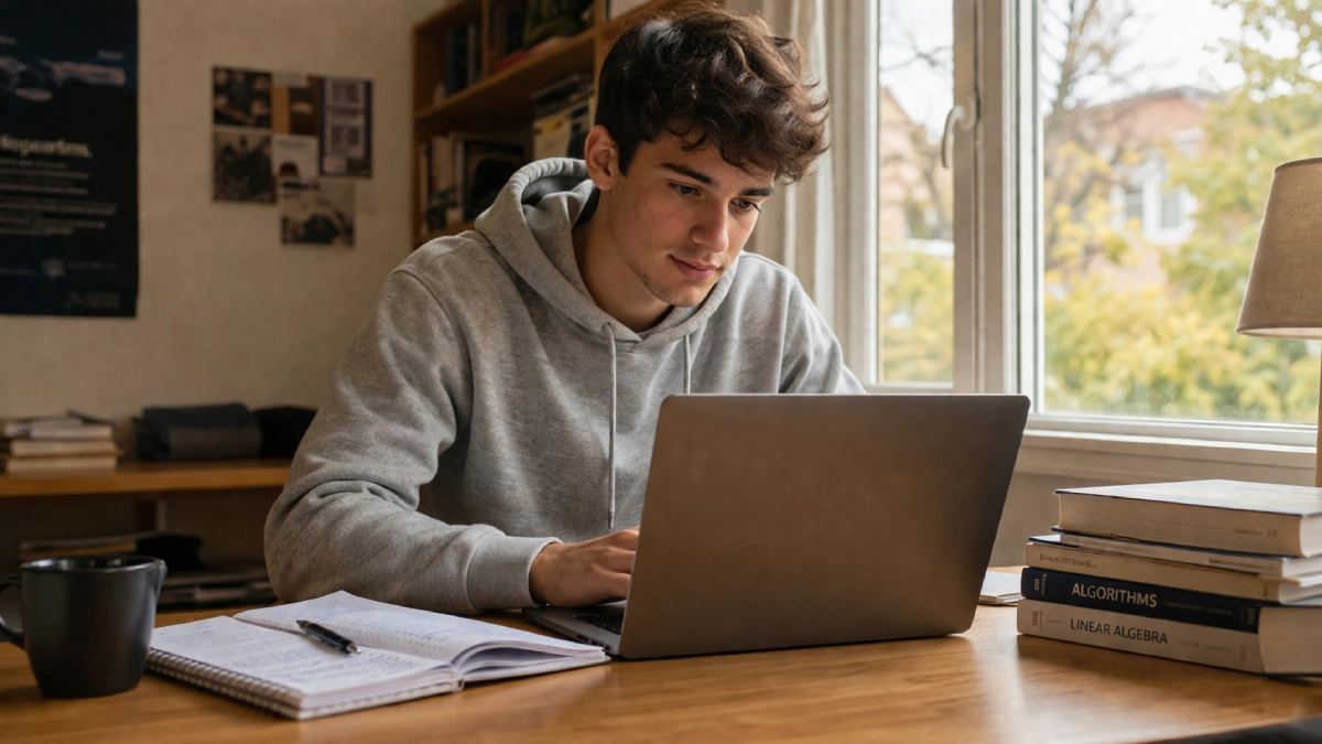 Student care lucrează pe laptop la birou cu cărți de matematică și informatică