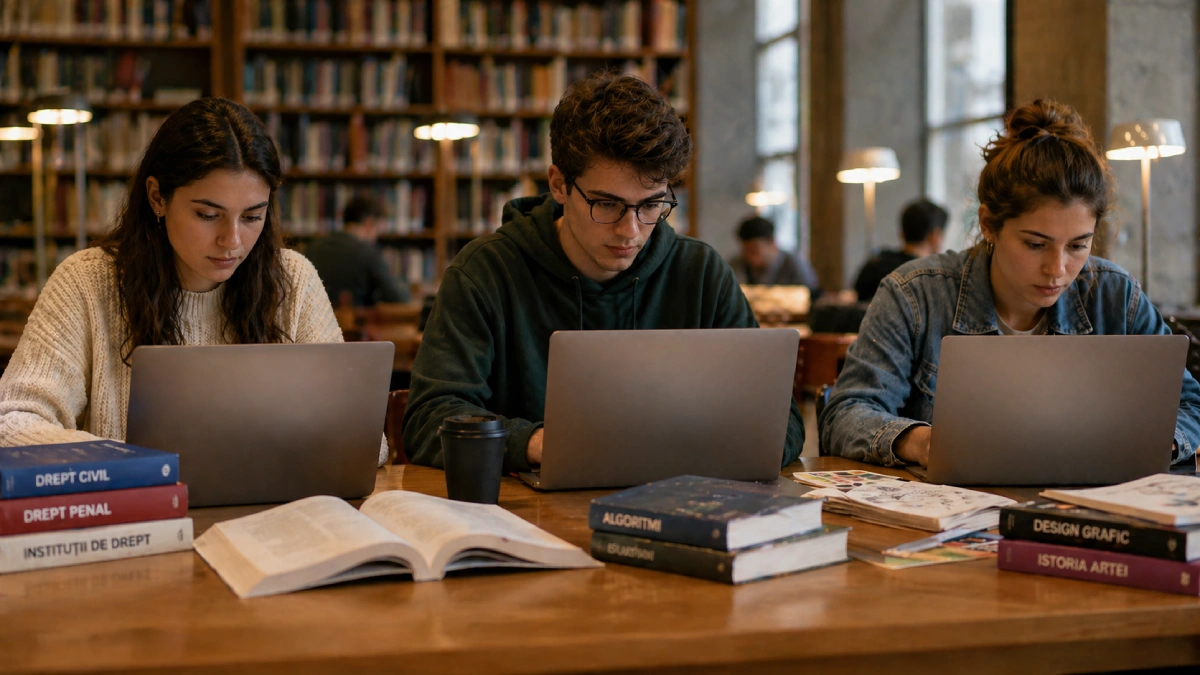 Trei studenți în bibliotecă — drept, informatică și design grafic — fiecare lucrând pe laptop
