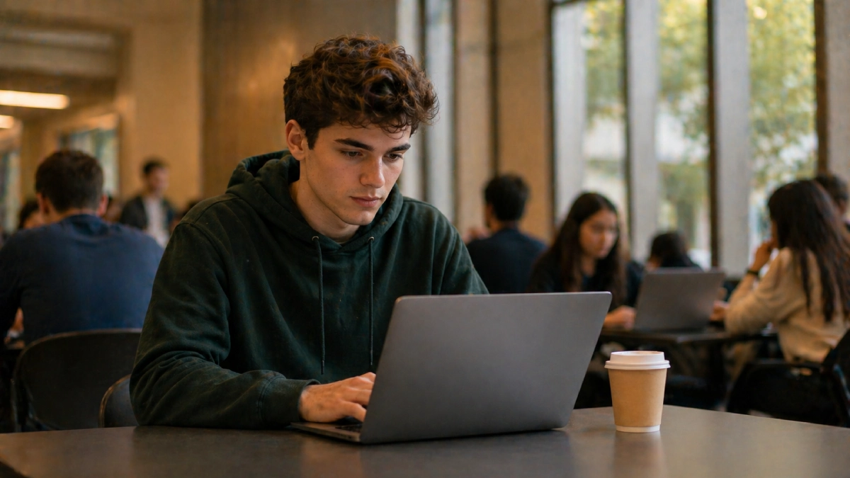 Student care lucrează pe laptop în campus fără cablu de alimentare, înconjurat de alți studenți