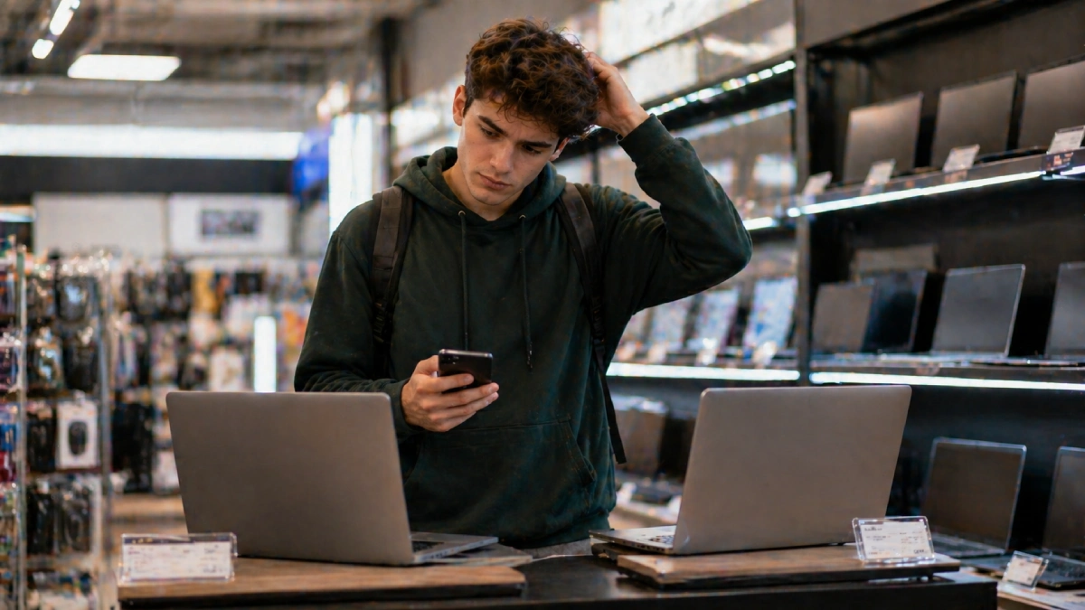 Student confuz într-un magazin de electronice care compară două laptopuri și verifică specificații pe telefon