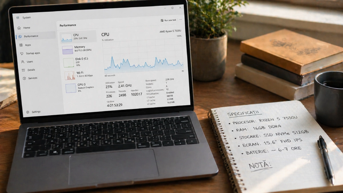 Laptop cu Task Manager deschis afișând AMD Ryzen 5 7530U și 16GB RAM, lângă caiet cu specificații scrise în română