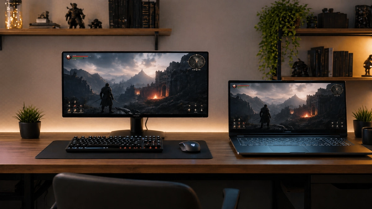 Comparație setup desktop gaming cu turn și monitor vs laptop gaming pe același birou