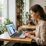 Femeie lucrând pe un laptop ultraportabil subțire într-o cafenea luminoasă — cele mai bune laptopuri ultraportabile recomandate
