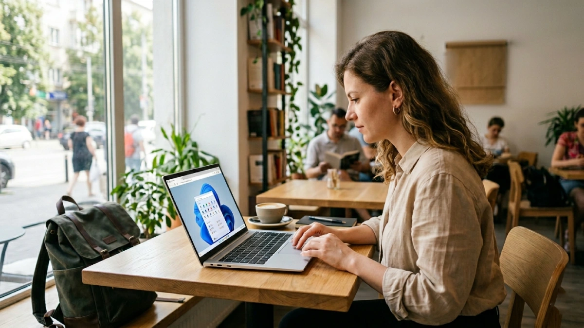 Femeie lucrând pe un laptop ultraportabil subțire într-o cafenea luminoasă — cele mai bune laptopuri ultraportabile recomandate