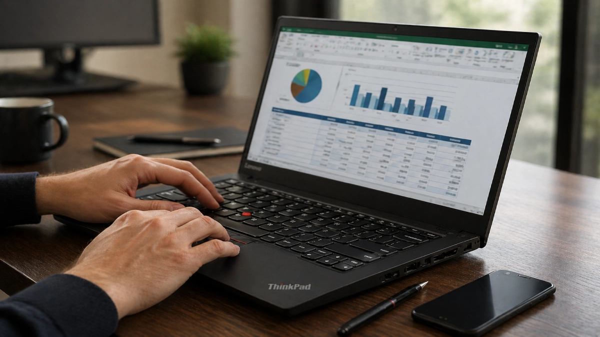 mâini care tastează pe laptop Lenovo ThinkPad negru cu TrackPoint roșu pe birou de lucru