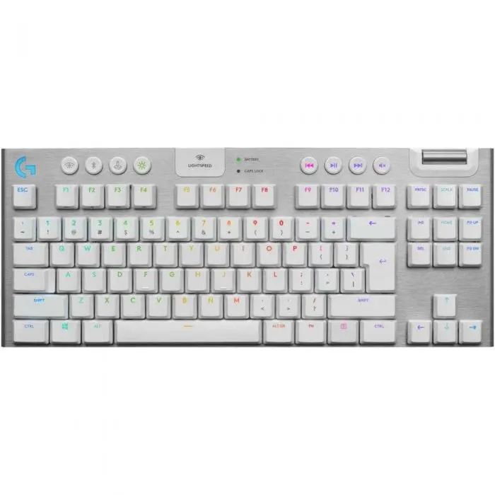 Tastatură gaming mecanică Logitech G915 TKL Lightspeed wireless low-profile albă cu iluminare RGB