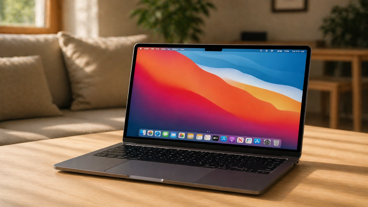 MacBook Air M4 cu baterie la 100% pe birou de lemn — autonomie de peste 15 ore fără încărcător
