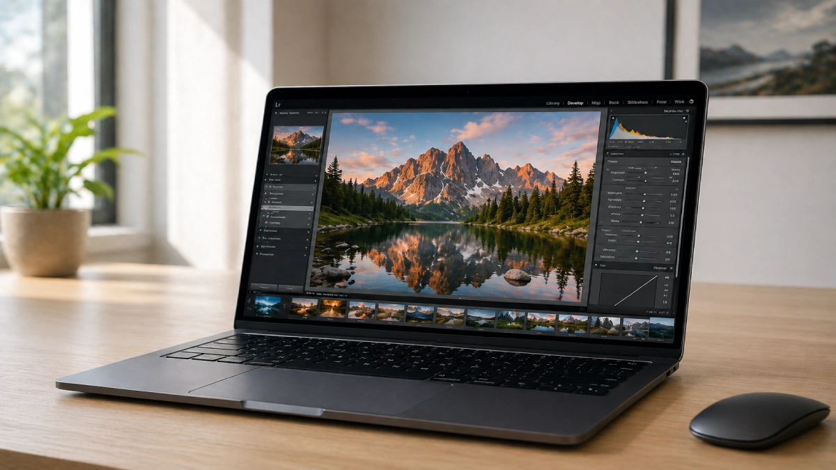MacBook Air M4 cu Lightroom deschis și fotografie peisaj în editare — ideal pentru fotografi și creativi