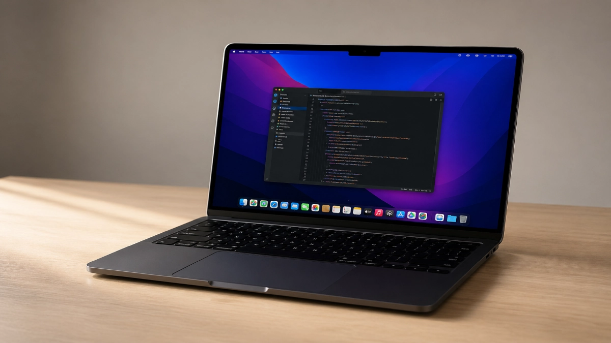 MacBook Air M4 deschis pe un birou de lemn cu ecran macOS activ