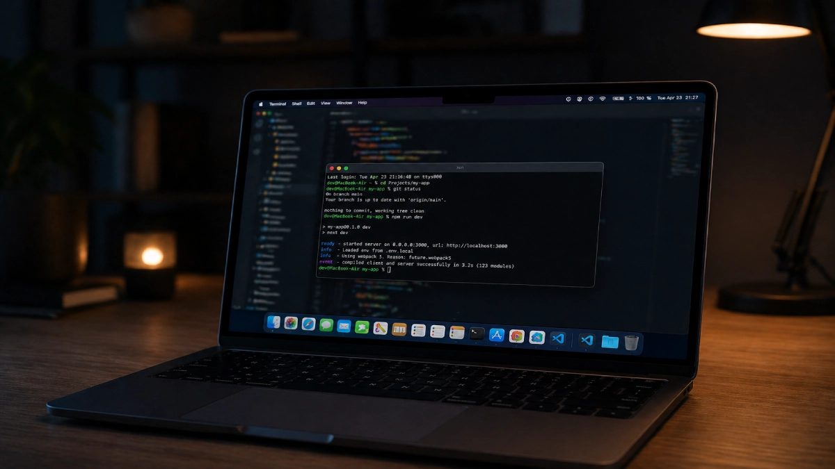 MacBook Air M4 cu terminal macOS și editor de cod deschis — setup developer seara