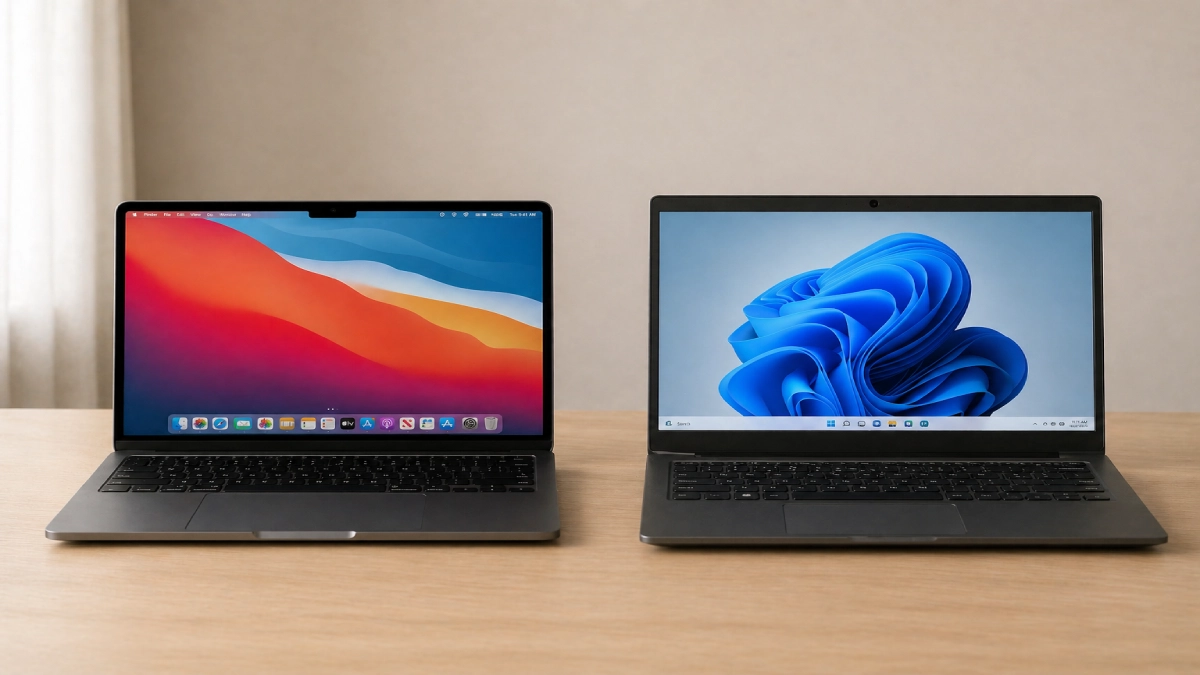 MacBook Air M4 și laptop Windows 11 față în față pe birou — comparație directă la același preț