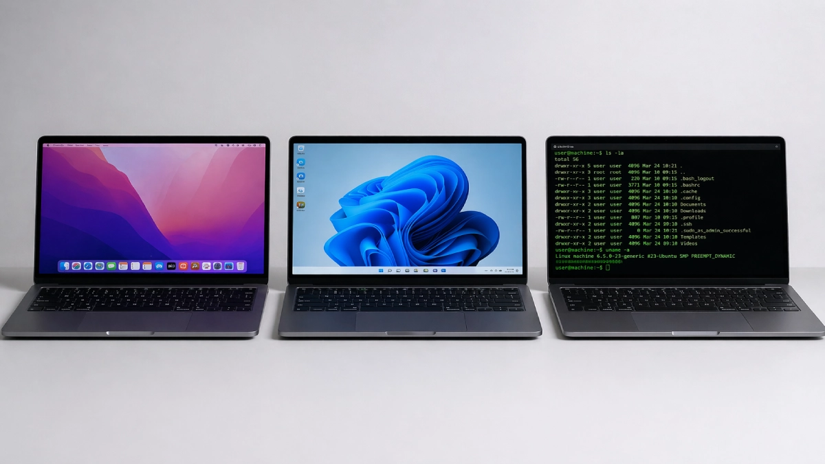 Trei laptopuri cu macOS, Windows 11 și Linux Ubuntu — comparație sisteme de operare pentru programare