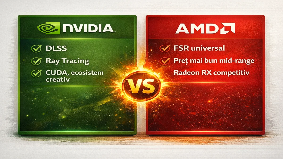 NVIDIA vs AMD GPU laptop — DLSS și Ray Tracing vs FSR universal și preț mai bun
