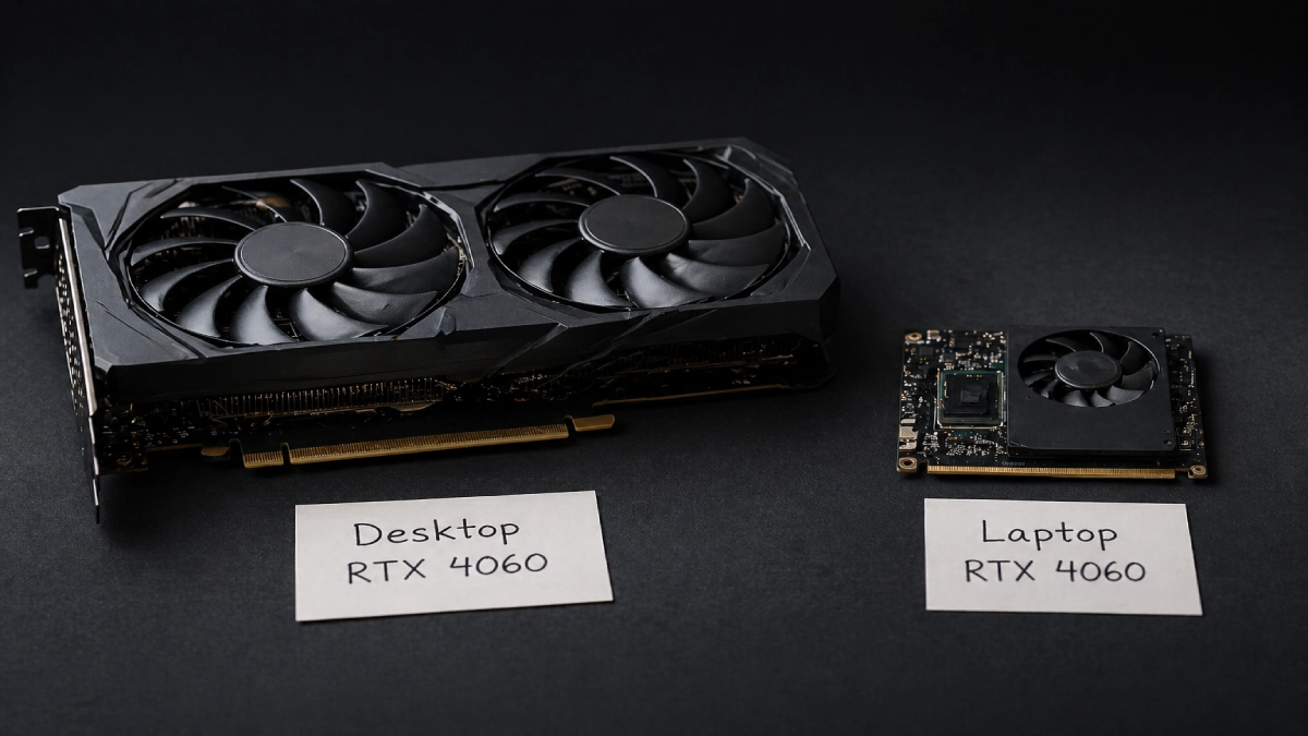 Comparație placă video desktop RTX 4060 vs placă video mobilă laptop gaming — diferență de dimensiuni
