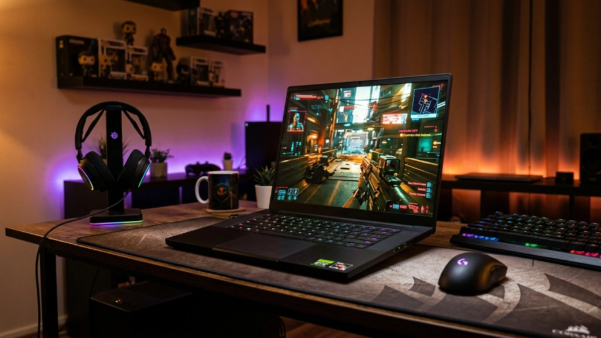 laptop gaming cu placă video dedicată NVIDIA RTX — setup real cu iluminare RGB