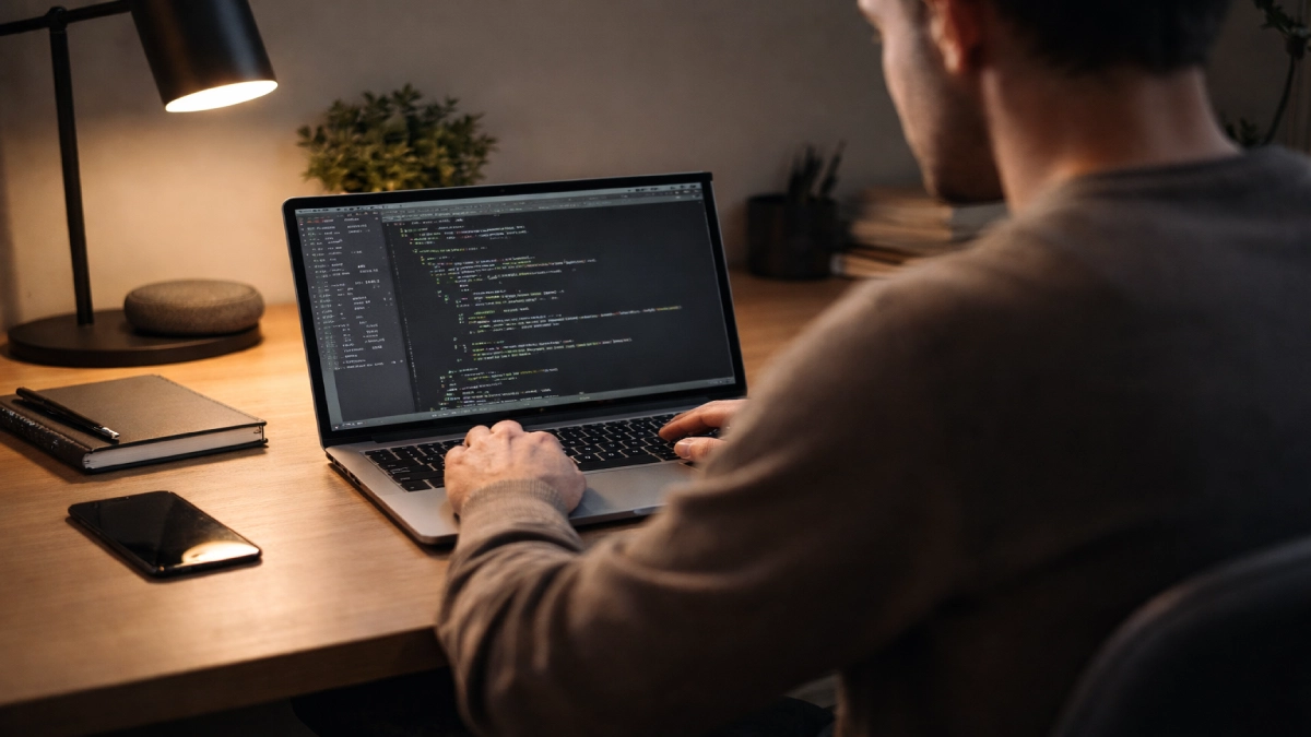 Programator lucrând pe laptop cu ecran QHD și cod vizibil pe display