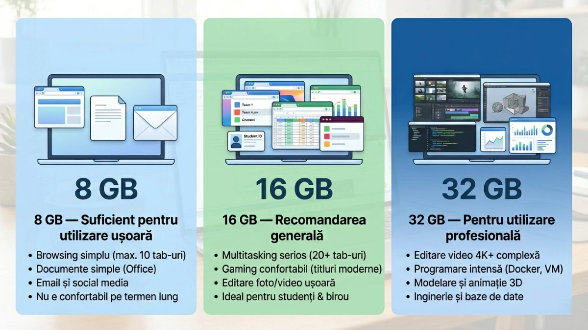 comparație RAM laptop 8 GB vs 16 GB vs 32 GB — ce alegi în funcție de utilizare