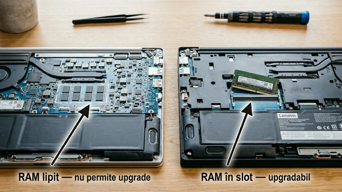 RAM lipit vs RAM în slot laptop — diferența dintre upgradabil și non-upgradabil