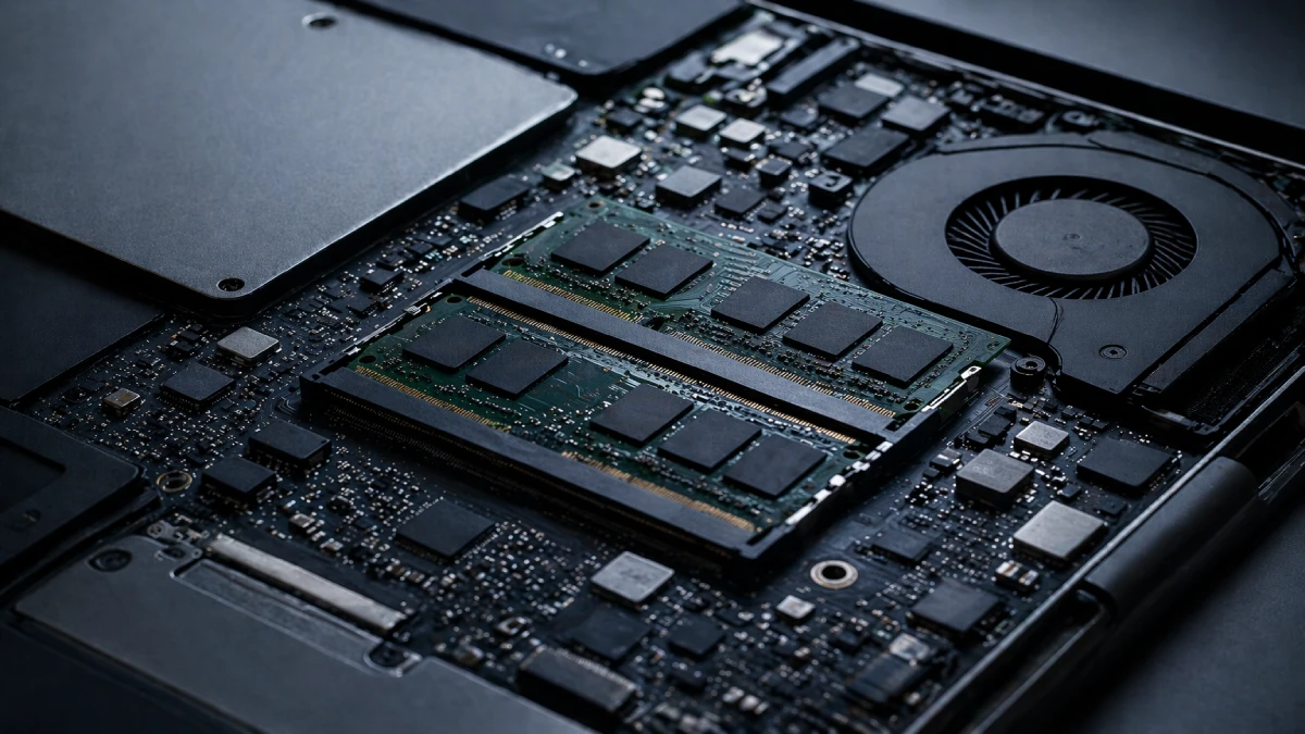 Interior laptop cu module RAM și placă de bază — componente esențiale pentru programare